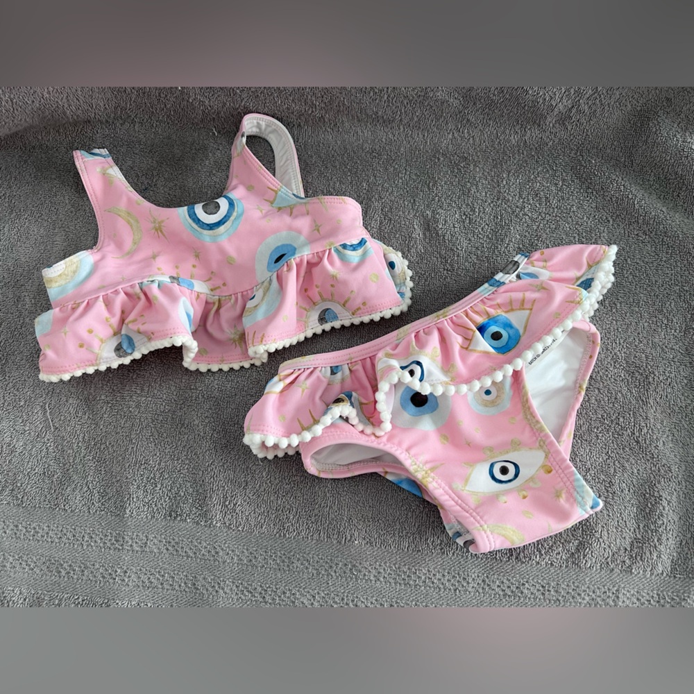 Posh Peanut Evil Eye Bikini: Pink and White Eye Print Bikini Set 6-12 months